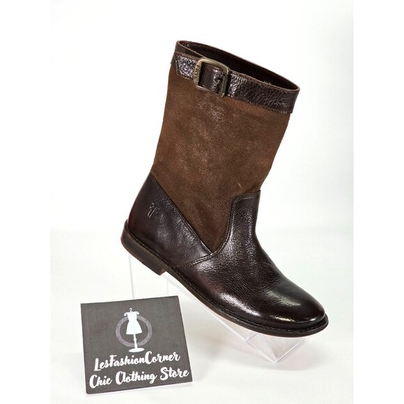 NWOB FRYE Women's Brown Leather/Canvas Shaft Buckle Ankle Boots Size 5.5 1888 - Picture 11 of 14